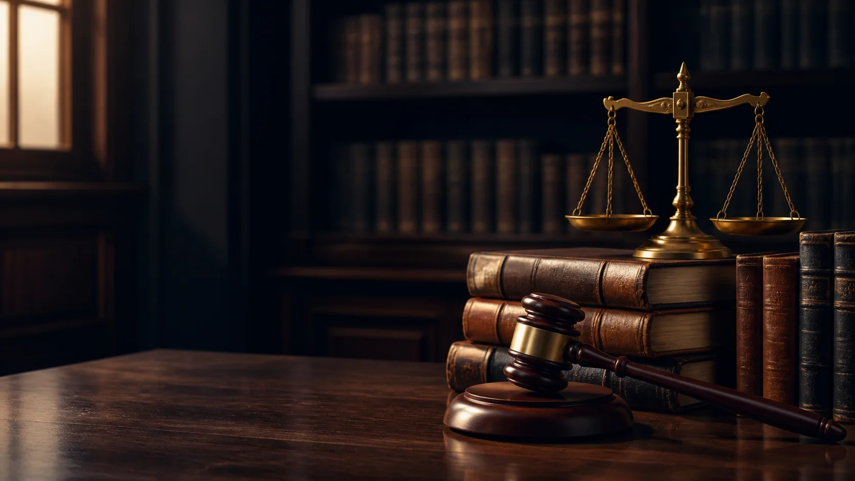 Balanced scales, legal books and a judge's gavel in a law library