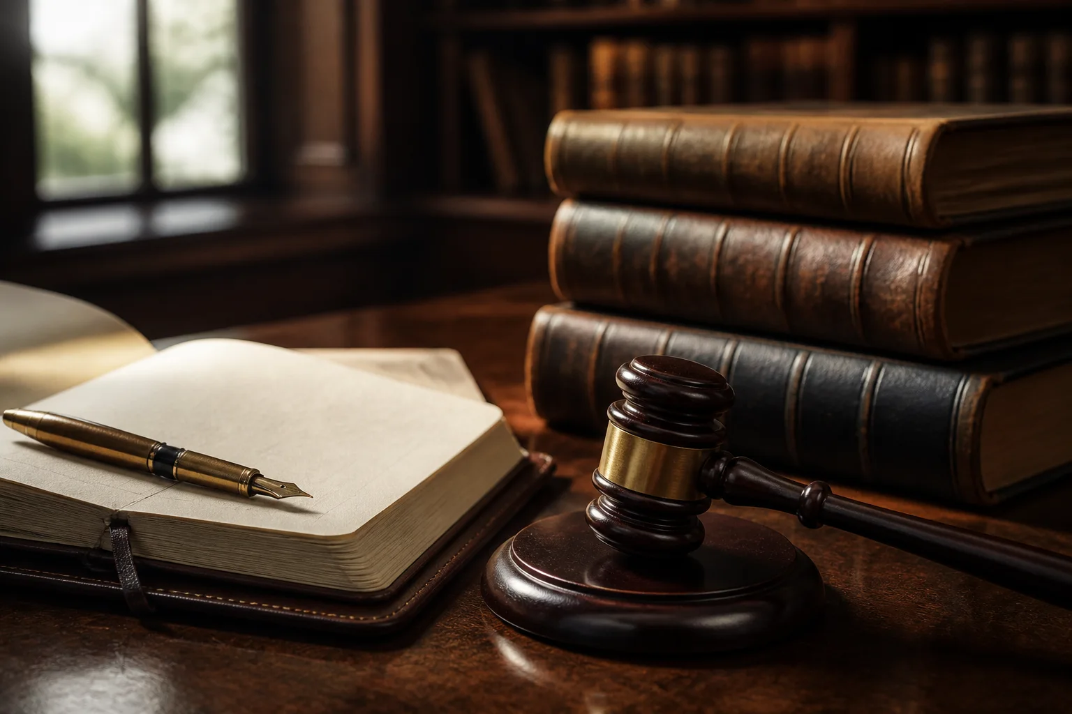 Law books, a judge's gavel and an open legal notebook